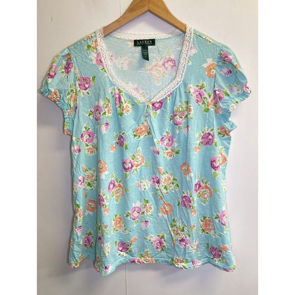 LAUREN RALPH LAUREN Women's L Blue Floral Pajama Top Lace Trim Logo Short Sleeve